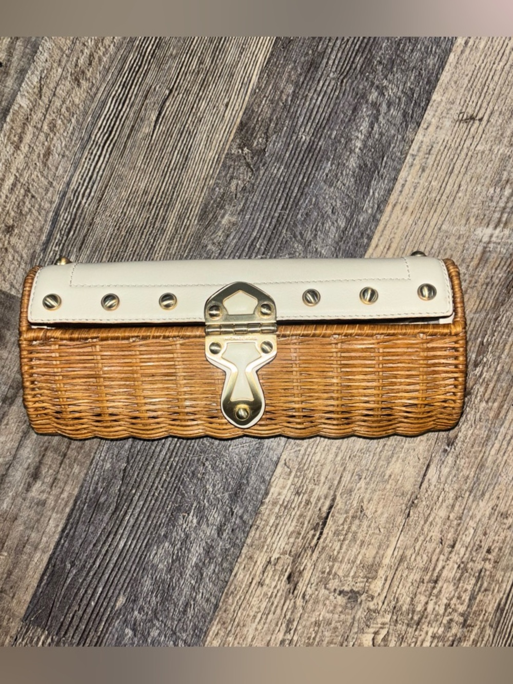 Michael Kors Santorini Wicker Clutch Rattan Leather Trim Gold Studded Wristlet - Picture 2 of 4